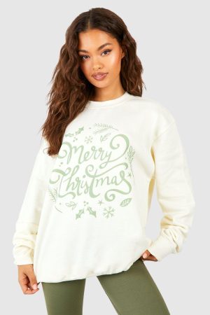 Merry Christmas Sweatshirt Med Slogan, Beige