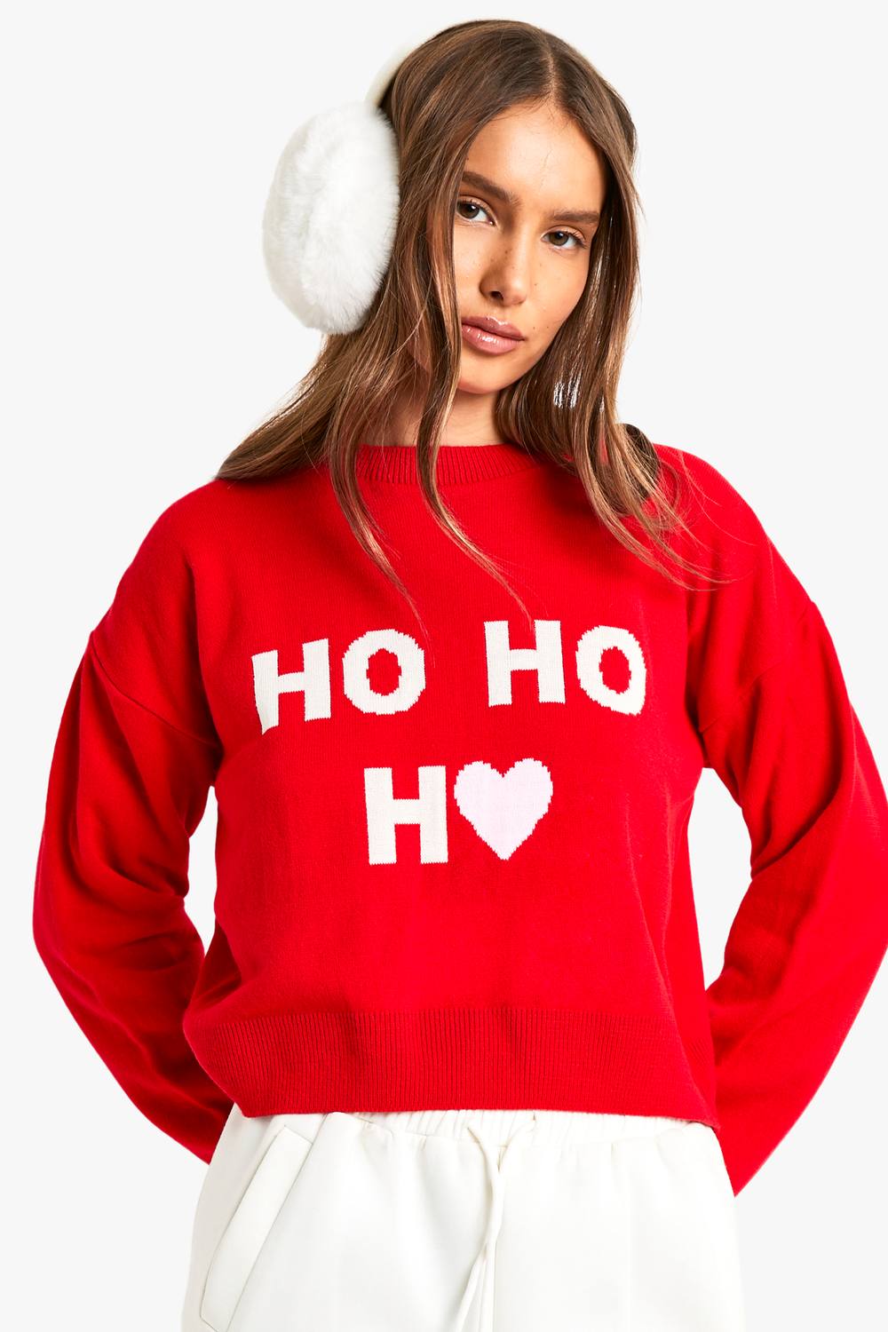 boohoo Dam Ho Ho Ho Kortad Jultröja | Red | Storlek Large