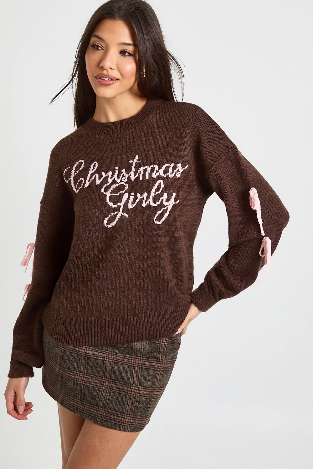 boohoo Dam Julig flickig rosett jultröja | Chocolate | Storlek Medium