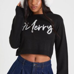 boohoo Dam Merry Slogan Cropad Jultröja | Black | Storlek Small