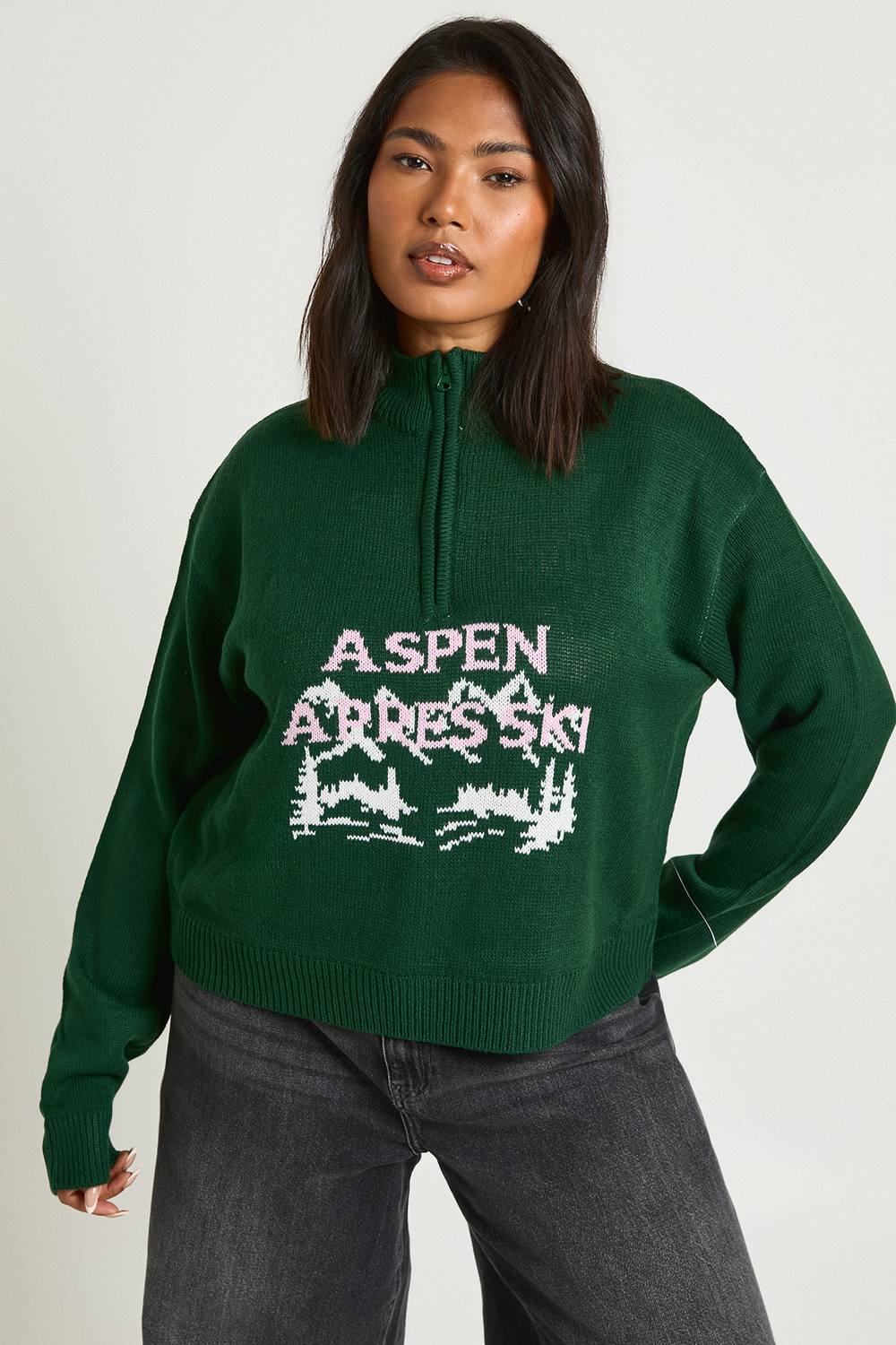 boohoo Dam Plus Aspen Après Ski Halvdragkedja Jultröja | Green | Storlek 26-28
