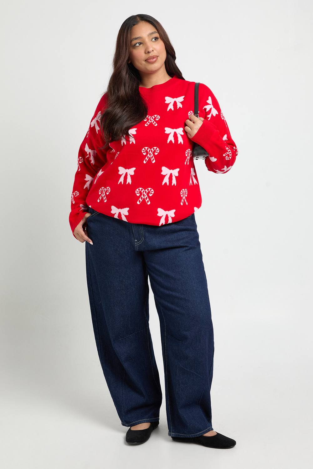 boohoo Dam Plus polkagris rosett jultröja | Cream | Storlek 56