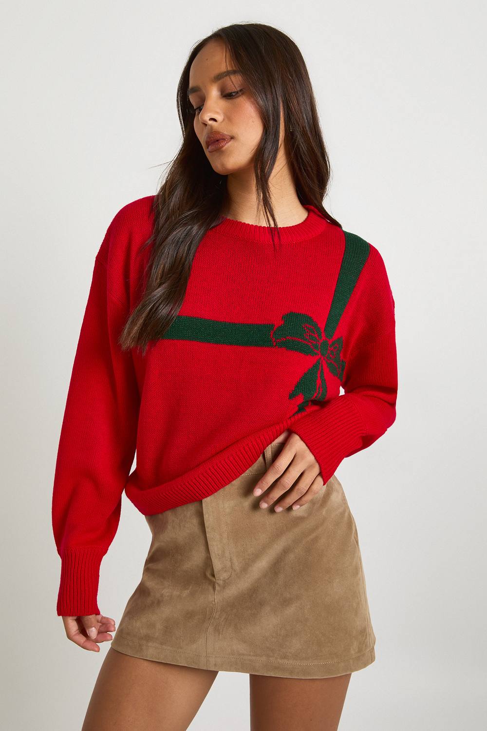 boohoo Dam Present Bow jultröja | Red | Storlek Small