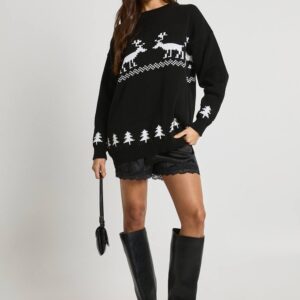 boohoo Dam Rentryckt lång jultröja | Black | Storlek XS